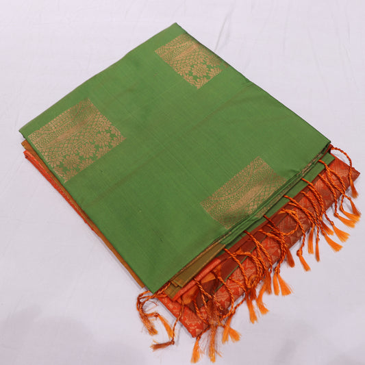 Semi Soft Silk Saree Green  With Orange Colour - Vaishali Silks