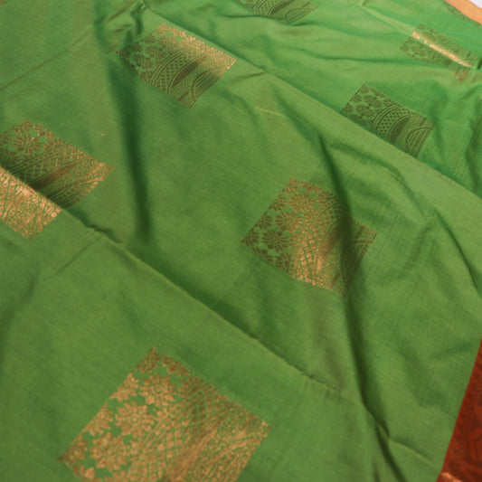 Semi Soft Silk Saree Green  With Orange Colour - Vaishali Silks