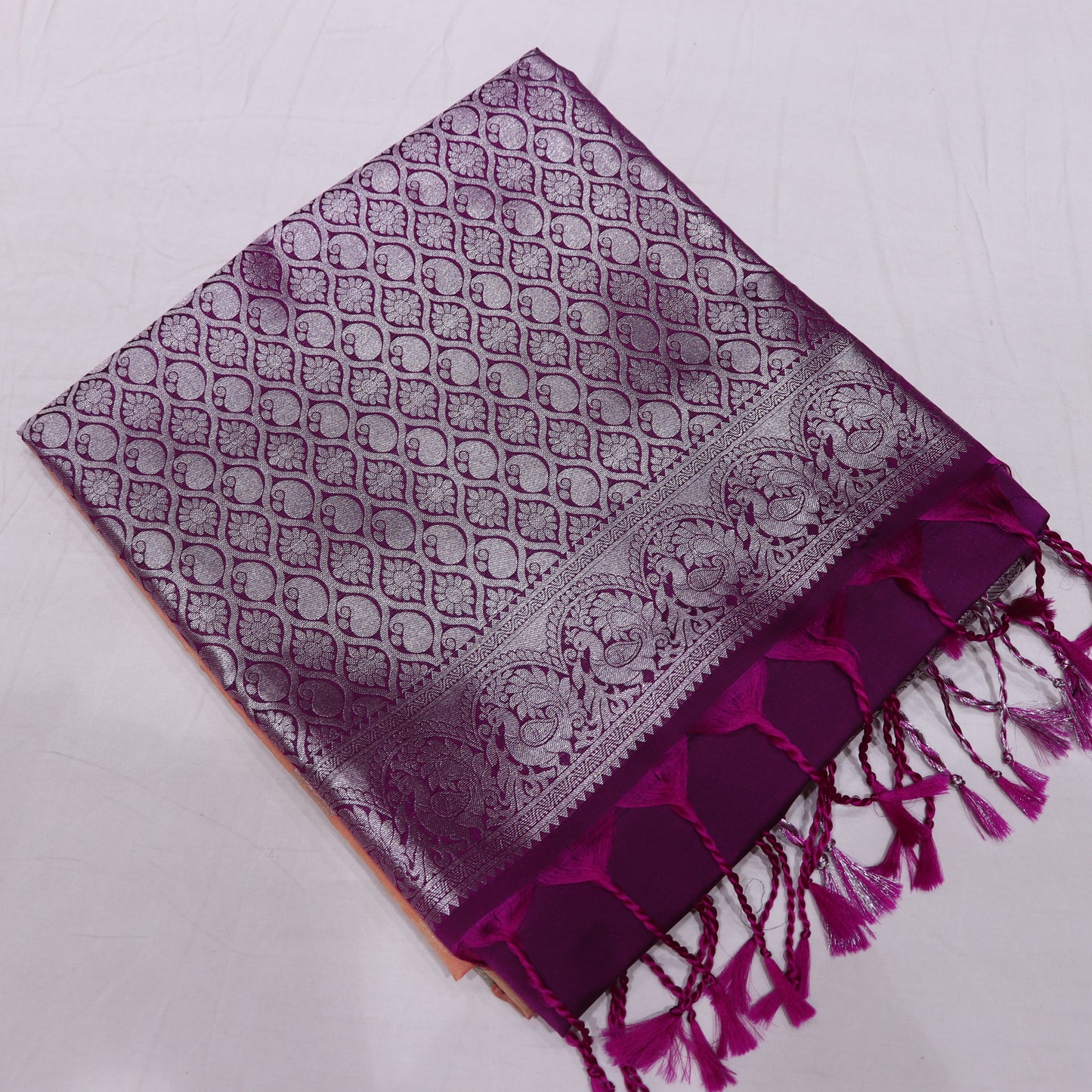 Semi Soft Silk Saree Peach With  Voilet - Vaishali Silks
