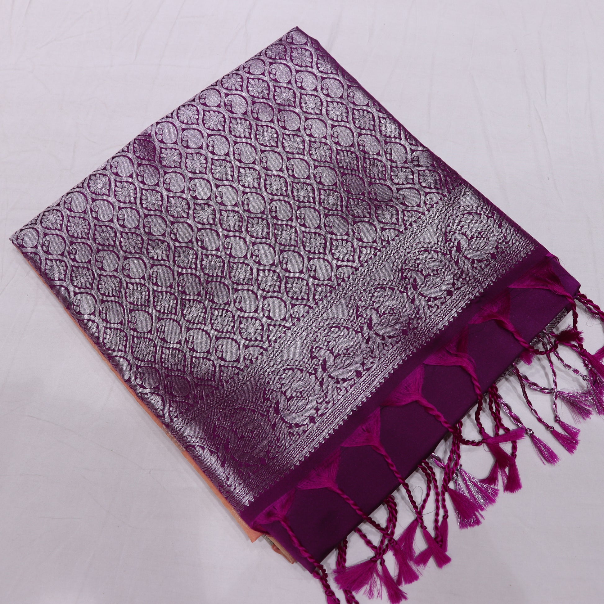 Semi Soft Silk Saree Peach With  Voilet - Vaishali Silks