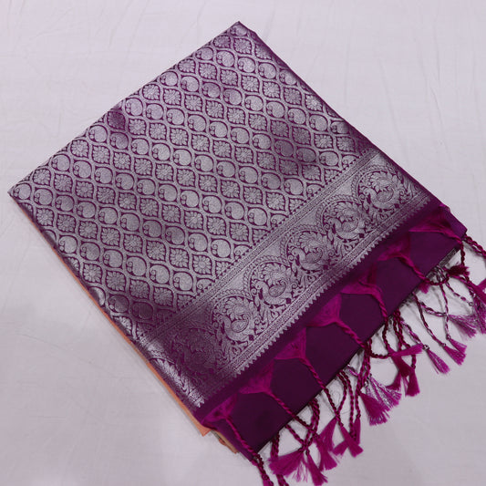 Semi Soft Silk Saree Peach With  Voilet - Vaishali Silks