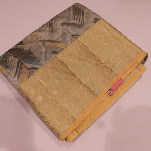 Semi Tussa  white  With Yellow Colour - Vaishali Silks