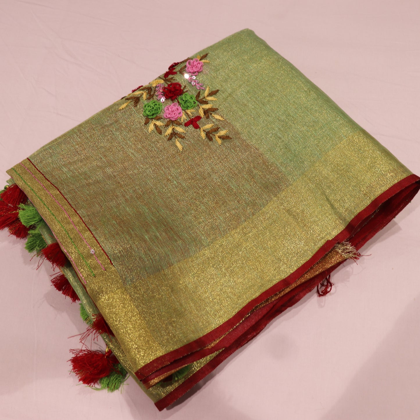 Linen Tissue   Green With Red colour - Vaishali Silks