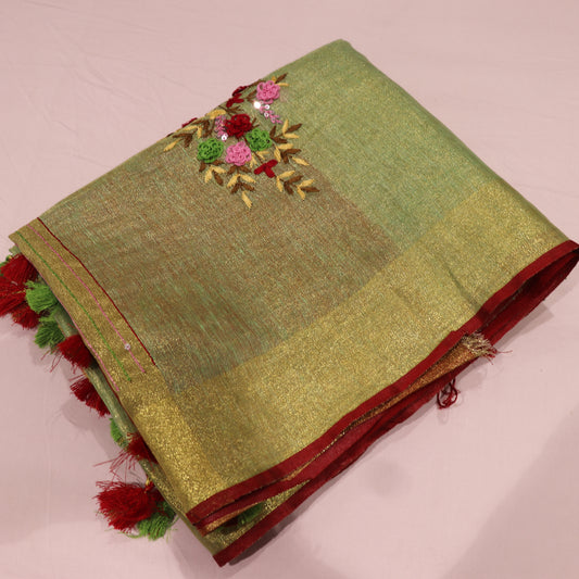 Linen Tissue   Green With Red colour - Vaishali Silks