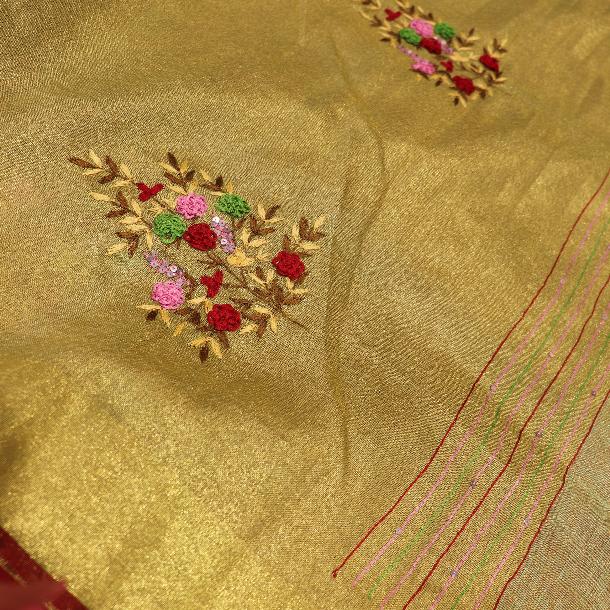 Linen Tissue   Green With Red colour - Vaishali Silks