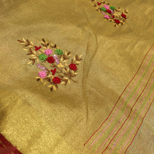 Linen Tissue   Green With Red colour - Vaishali Silks