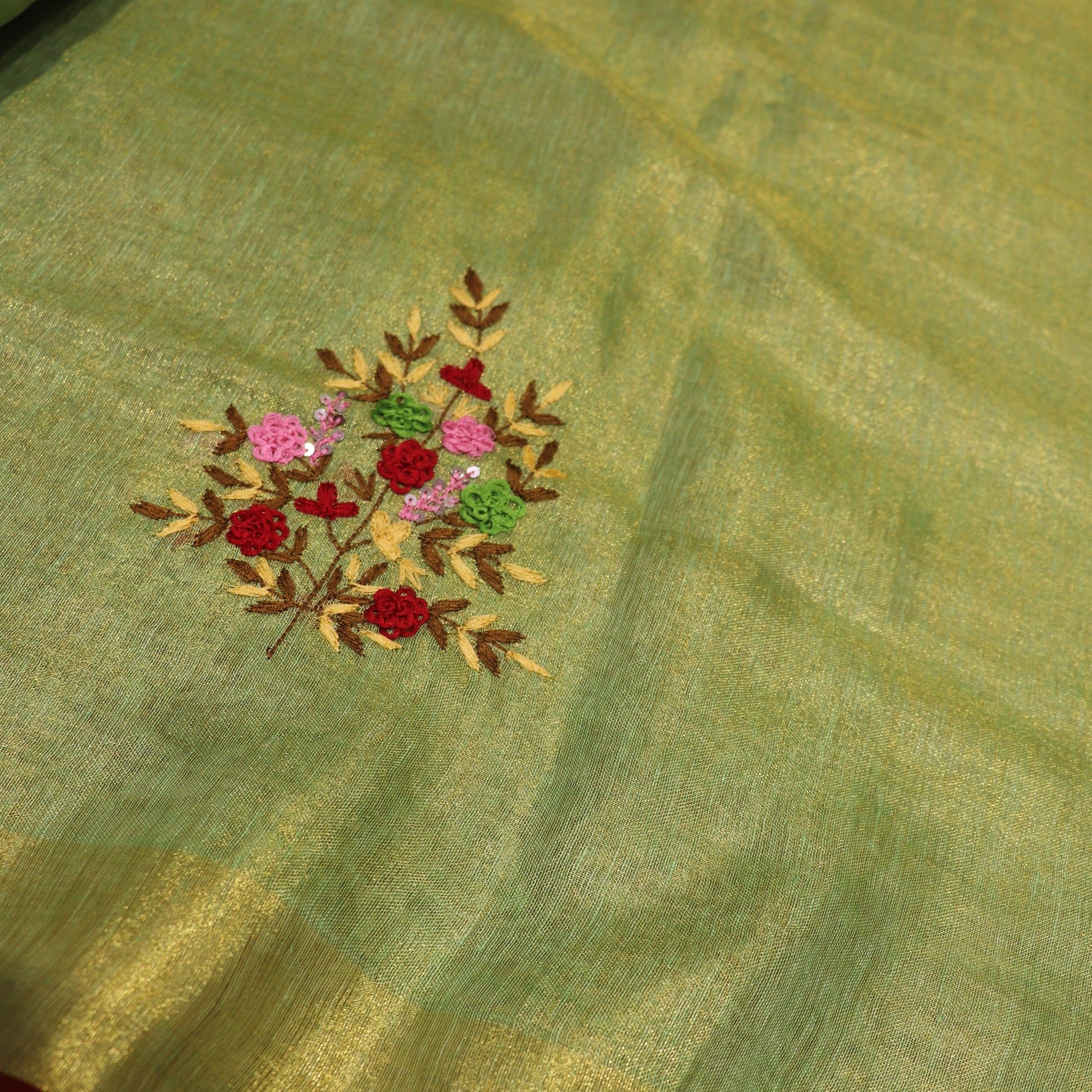Linen Tissue   Green With Red colour - Vaishali Silks