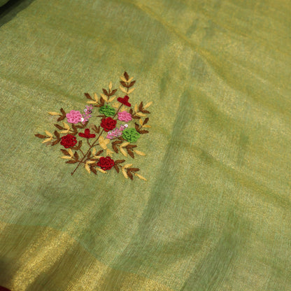 Linen Tissue   Green With Red colour - Vaishali Silks