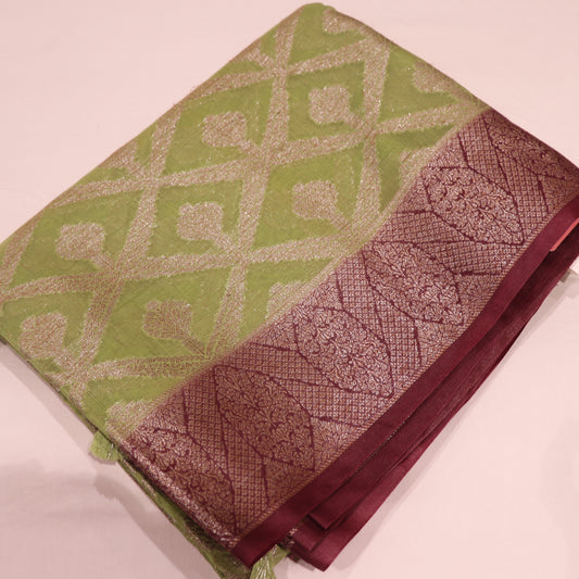 Semi Tasar  Green with Brown - Vaishali Silks