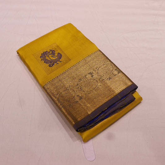 pure Silk Saree Yellow with Blue Colour - Vaishali Silks
