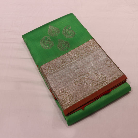 Pure Silk Saree  Green with Red  colour - Vaishali Silks