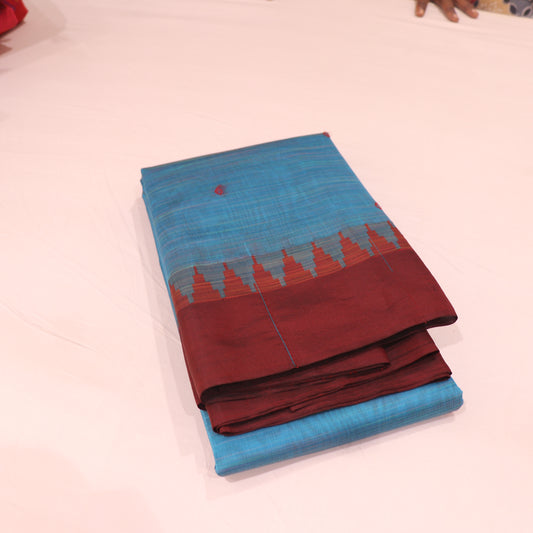 Silk Cotton Saree  Blue  With Mearon - Vaishali Silks