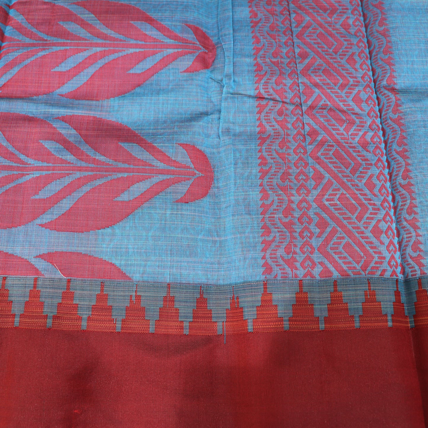 Silk Cotton Saree  Blue  With Mearon - Vaishali Silks