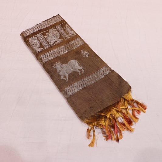 Banana Silk  Saree Peach with  Brown Colour - Vaishali Silks