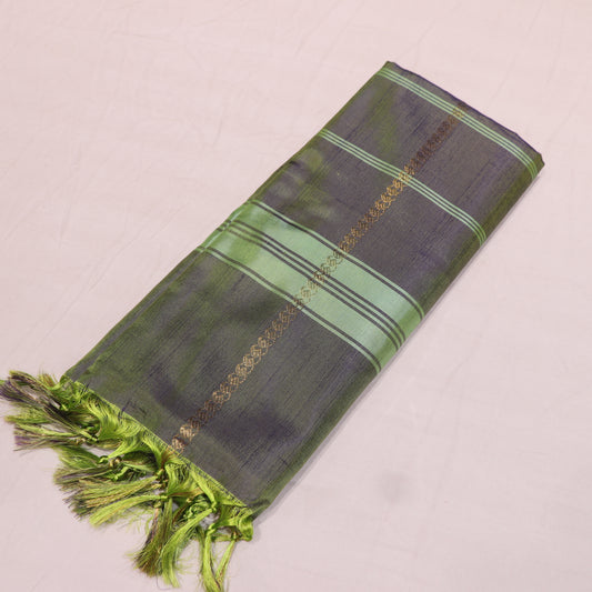 Banana Silk  Saree (WITH OUTBLOUSE) Blue  With Green - Vaishali Silks