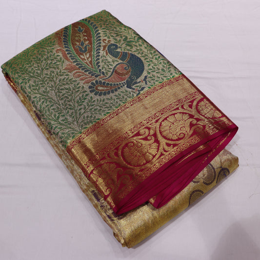 Pure Silk  Gold  With Pink - Vaishali Silks