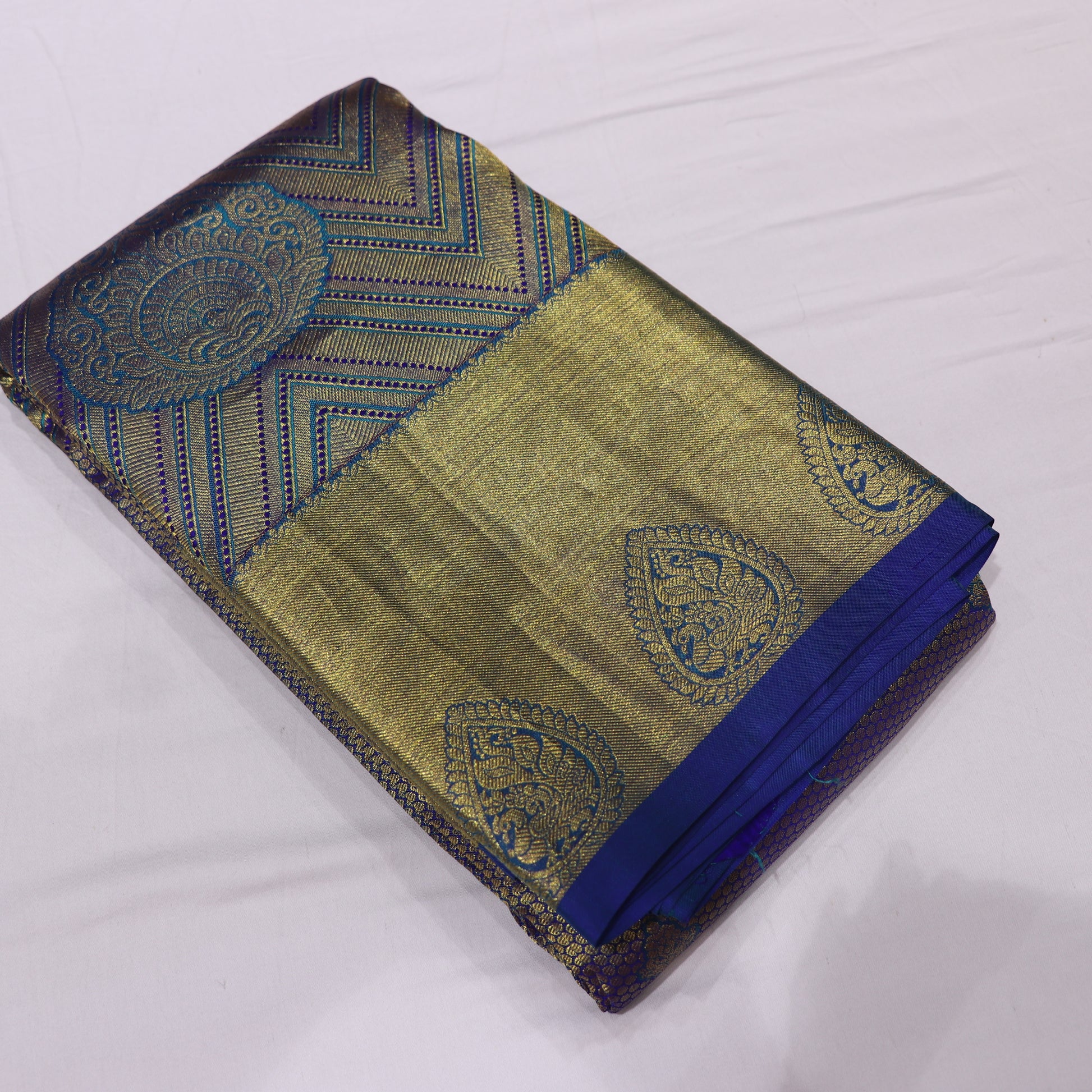 Pure Silk  Gold With Blue Colour - Vaishali Silks