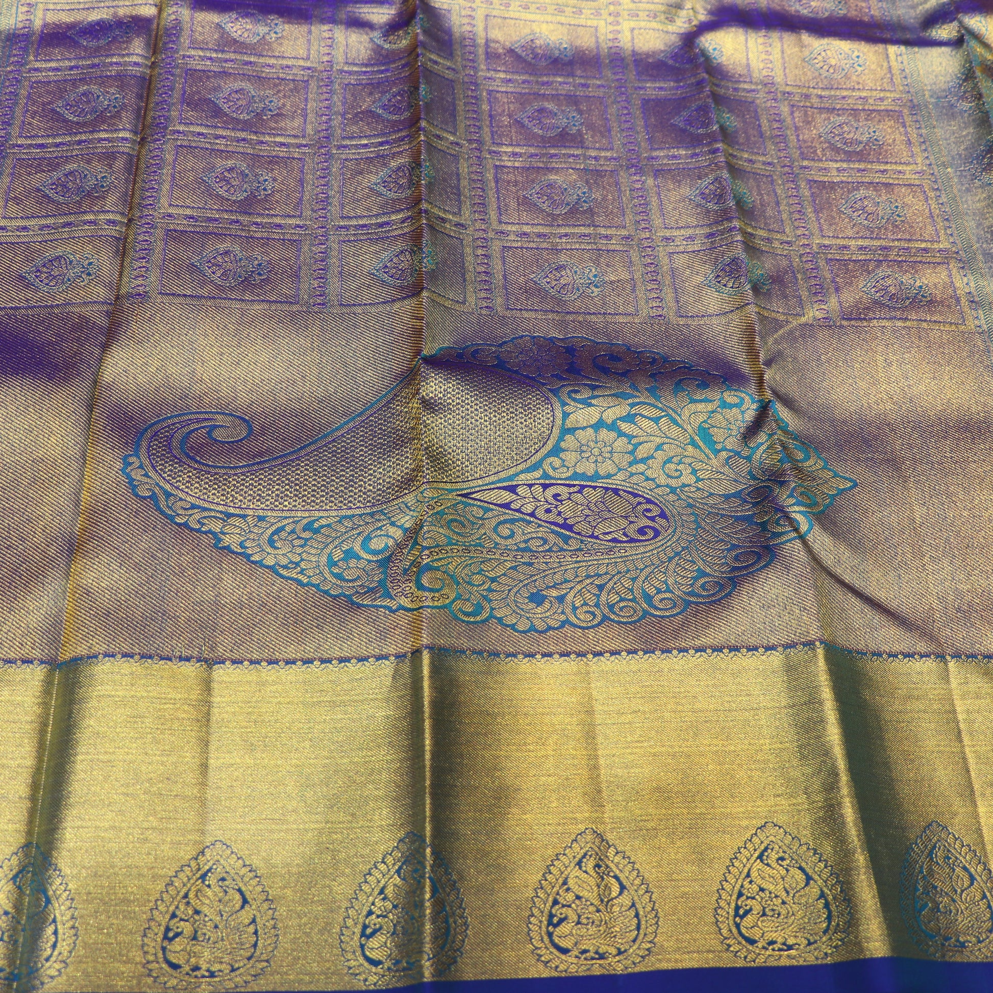 Pure Silk  Gold With Blue Colour - Vaishali Silks