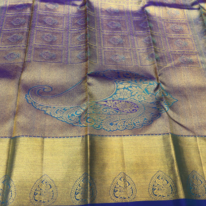 Pure Silk  Gold With Blue Colour - Vaishali Silks