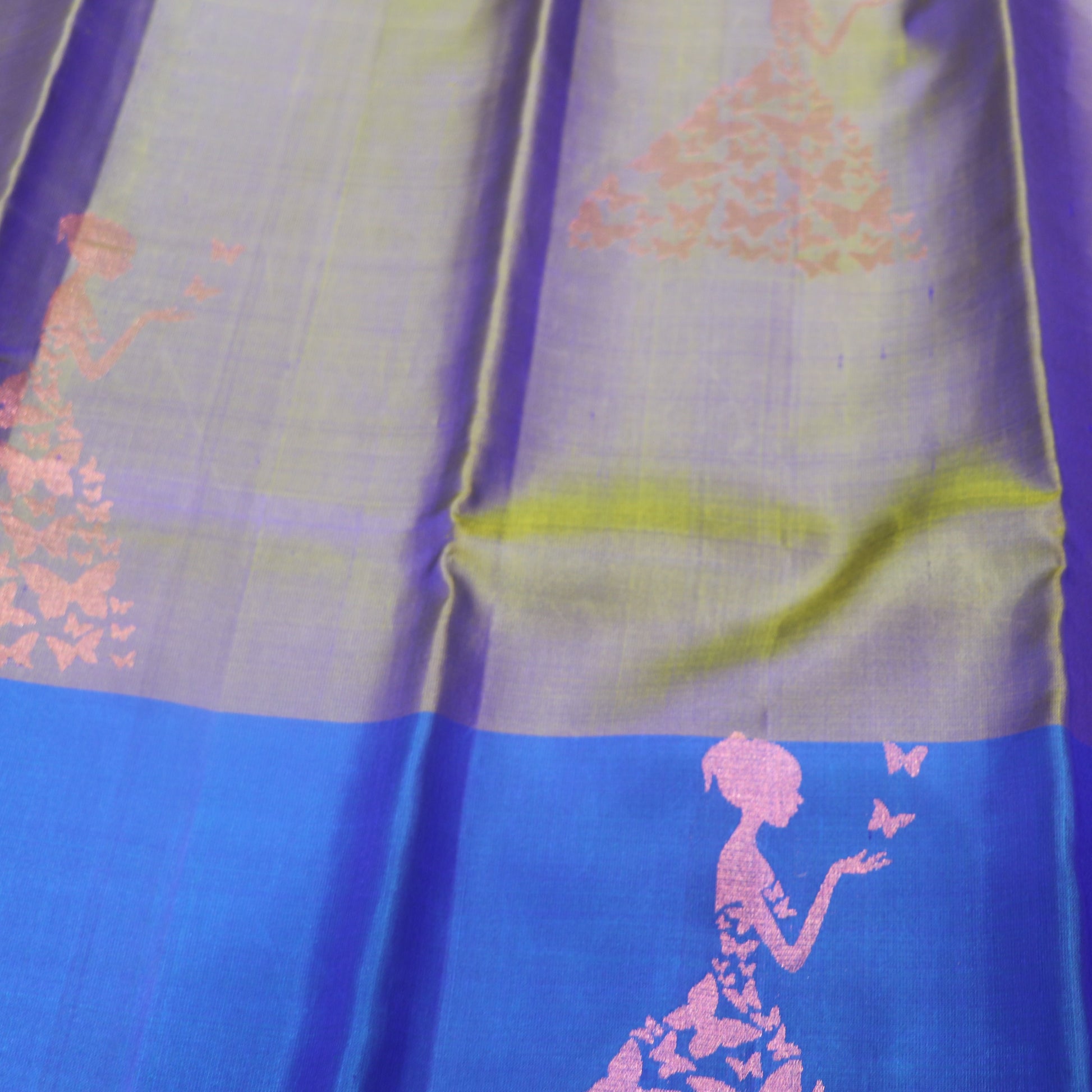 Pure silk Double Shade Green with  Blue  Colour - Vaishali Silks