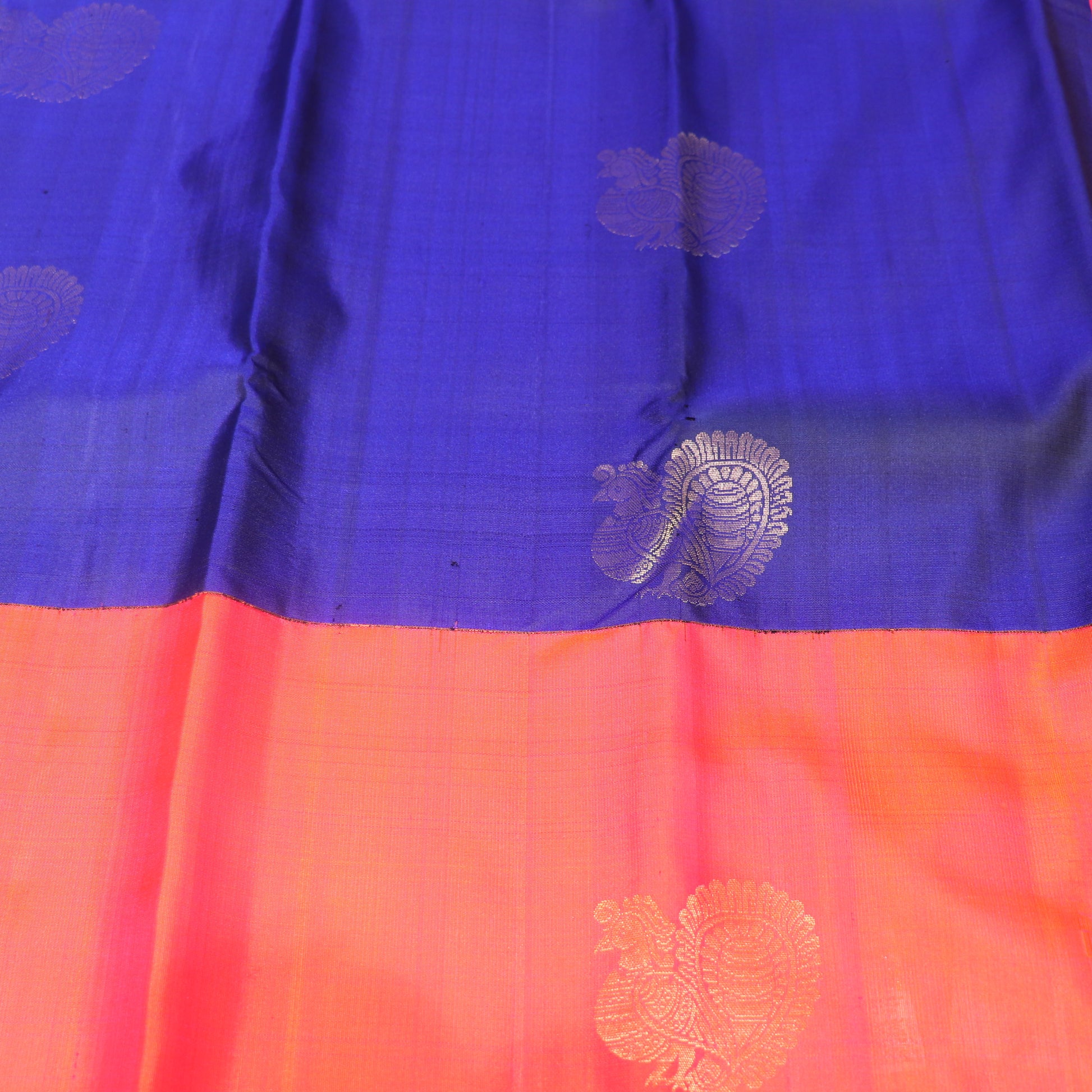 Pure Silk  Saree  Blue With Peach - Vaishali Silks