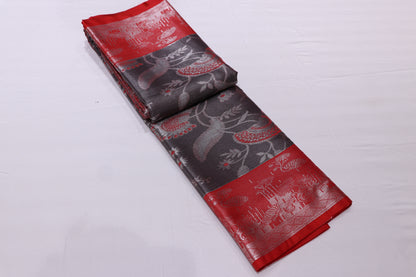 Silk Saree Grey With Red  Colour
