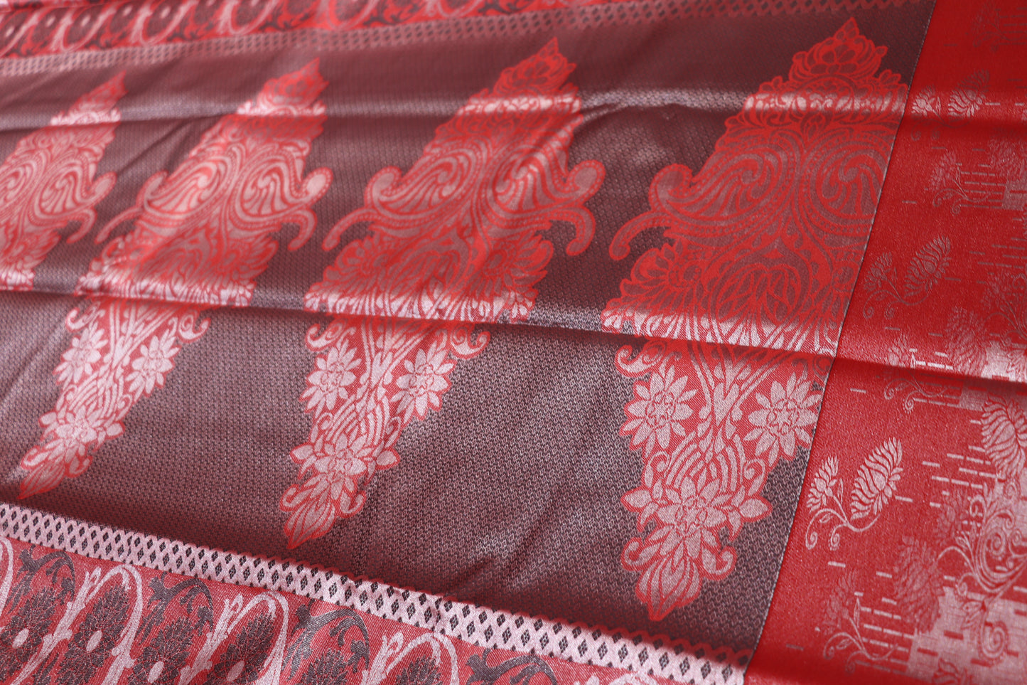 Silk Saree Grey With Red  Colour