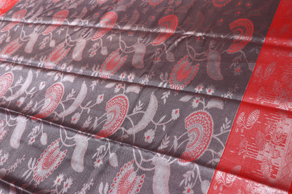 Silk Saree Grey With Red  Colour