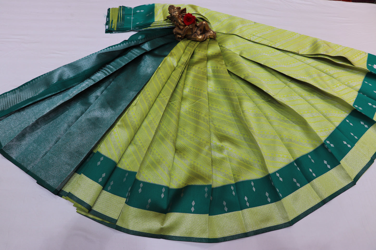 SEMI SILK SAREE -  LIGHT GREEN WITH DARK GREEN