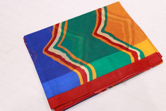 Pure Cotton  Red  With Green Saree - Vaishali Silks