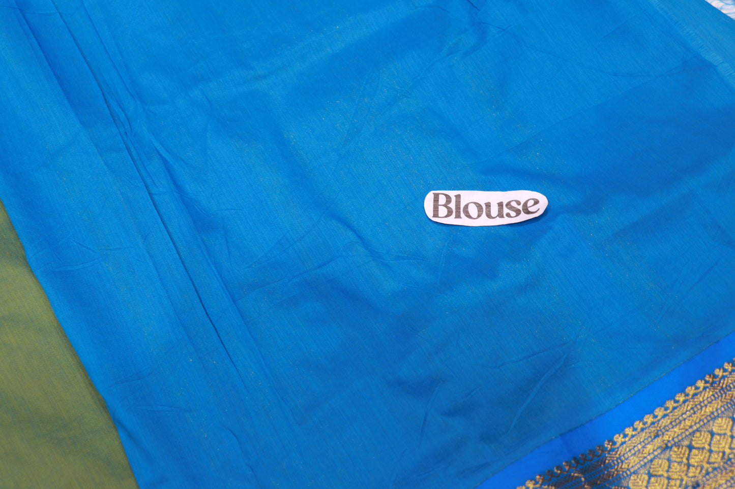 Kalyani Cotton Saree Green With Sky  Blue
