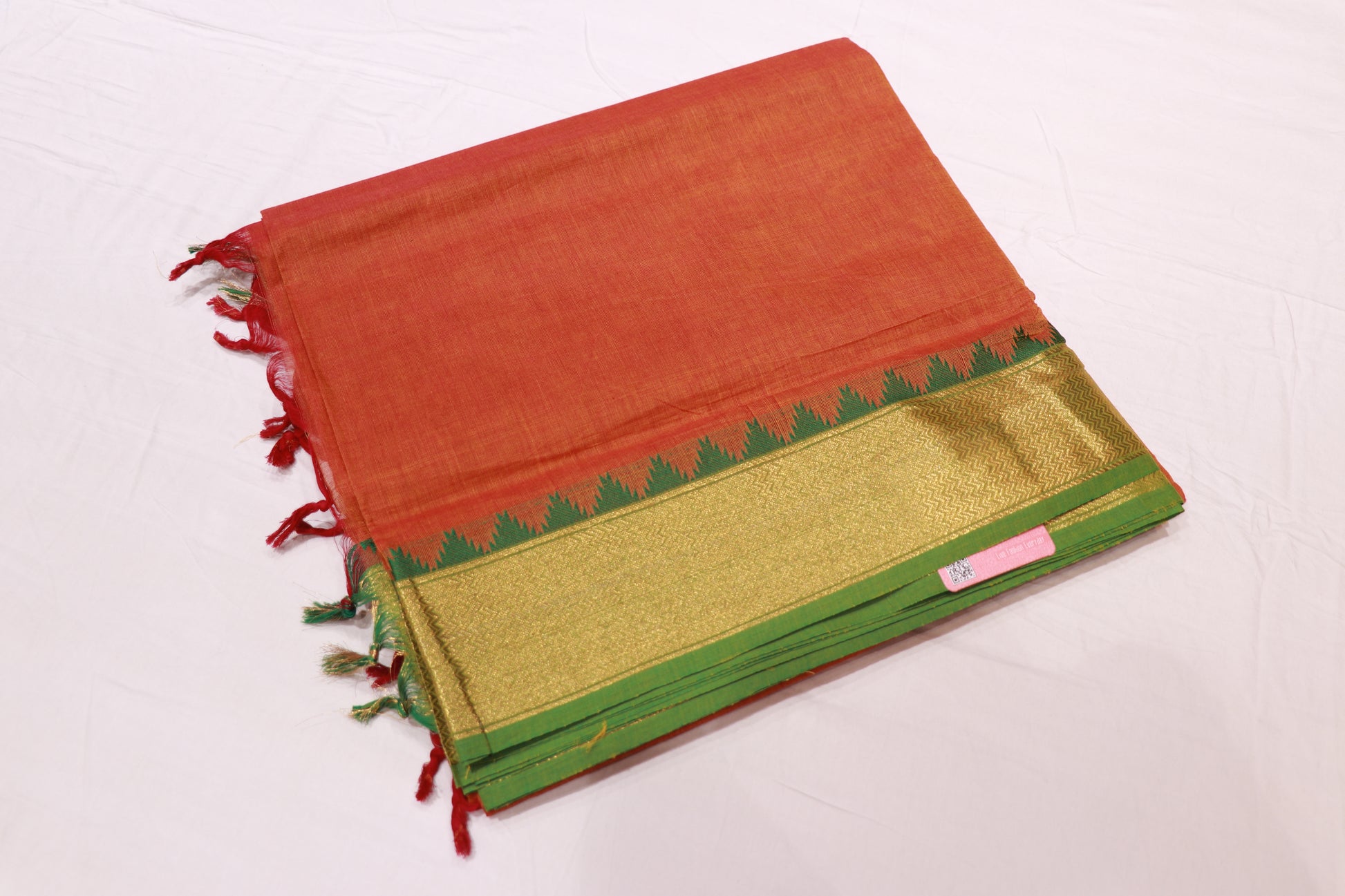 Cotton Saree Orange With Green  Colour - Vaishali Silks