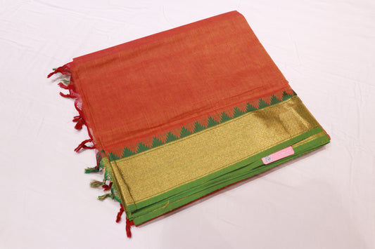 Cotton Saree Orange With Green  Colour - Vaishali Silks