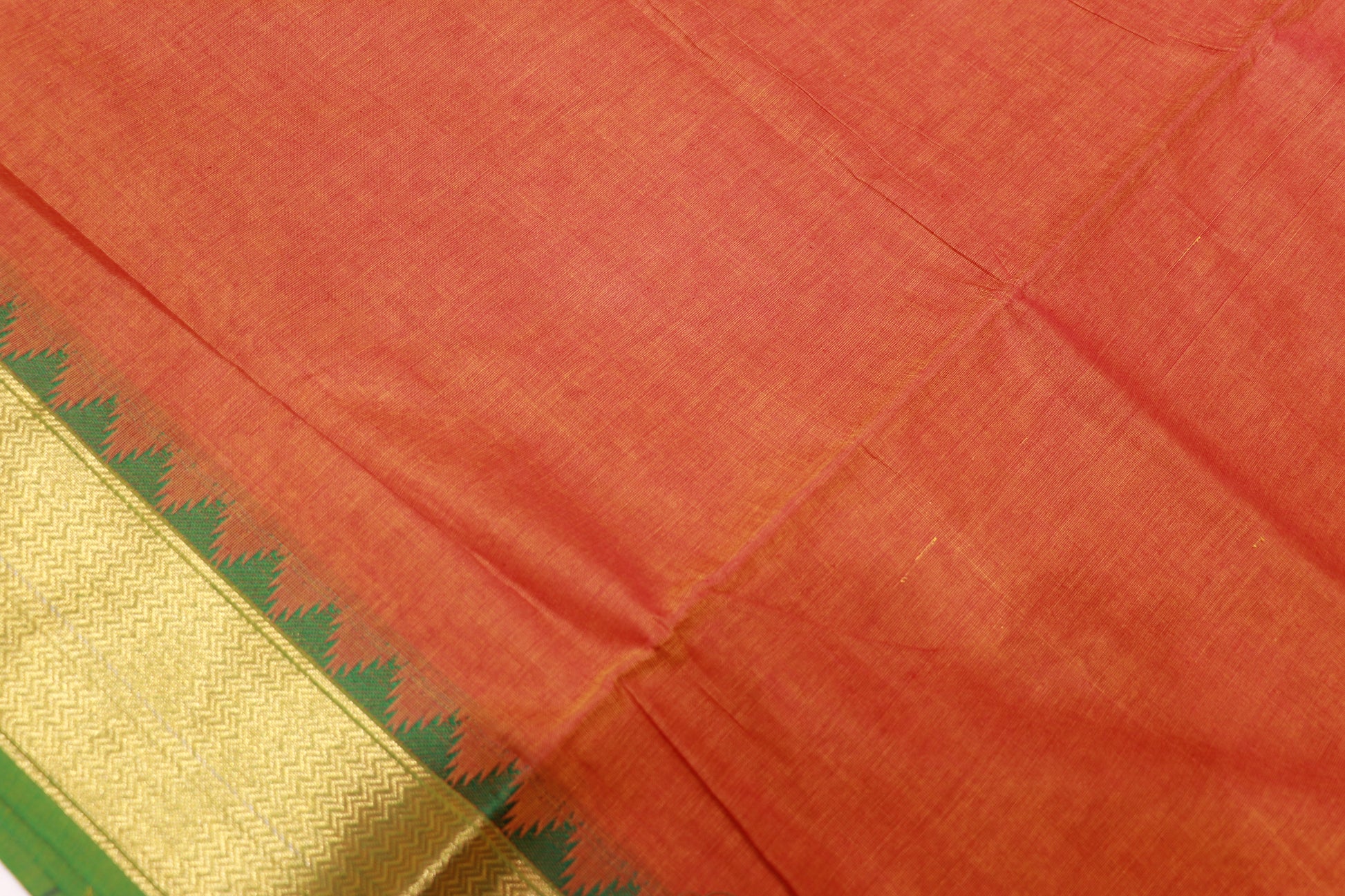 Cotton Saree Orange With Green  Colour - Vaishali Silks