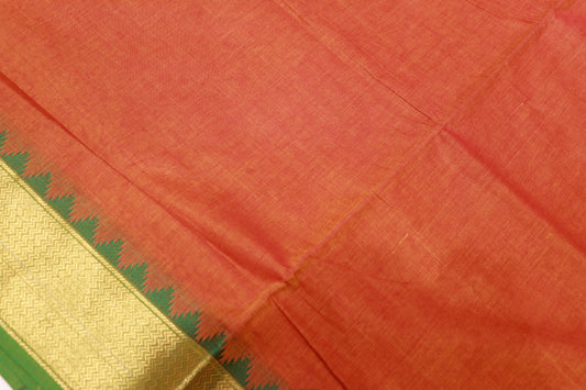 Cotton Saree Orange With Green  Colour - Vaishali Silks