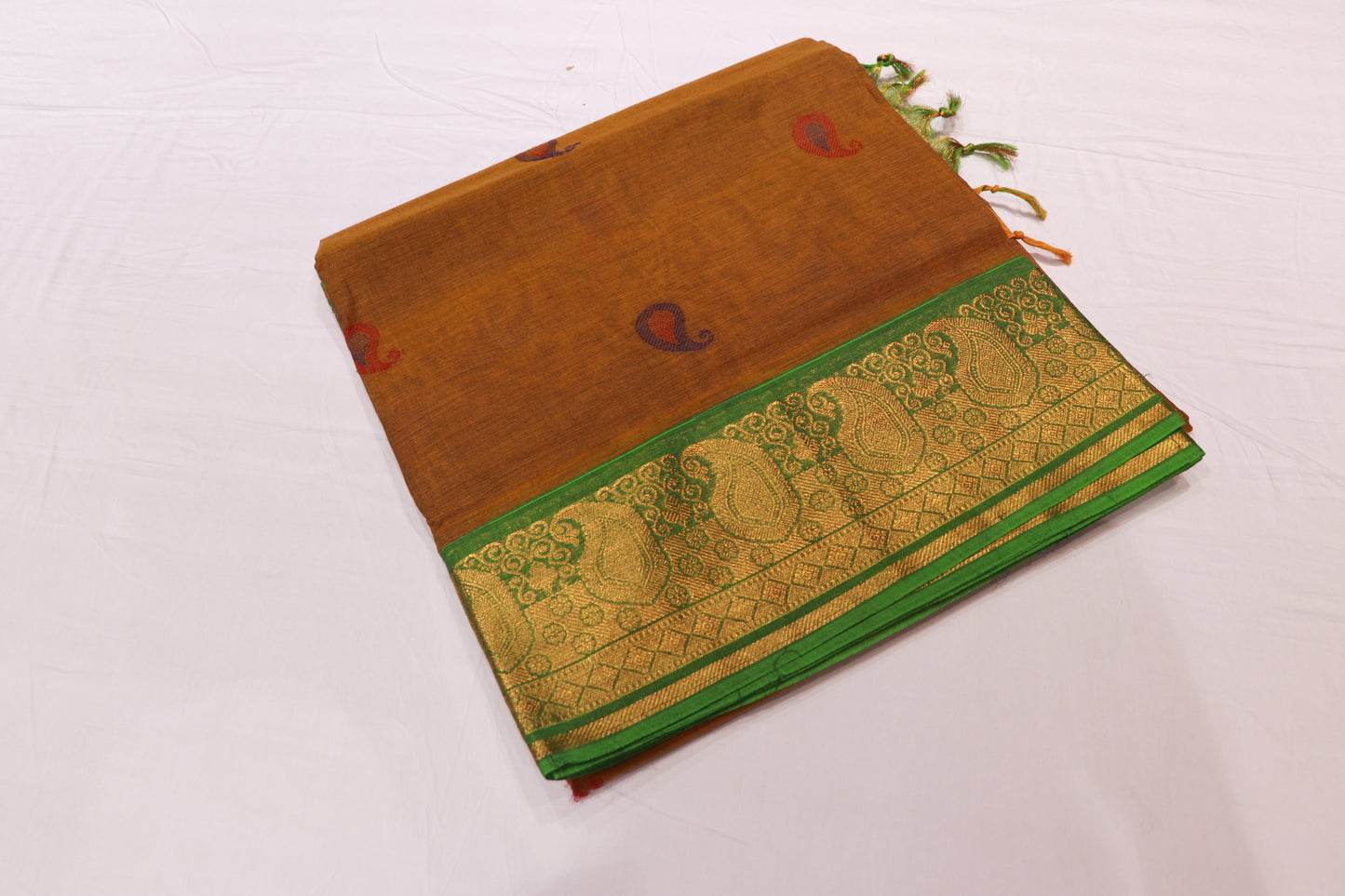 Cotton Saree Mustard With Green - Vaishali Silks