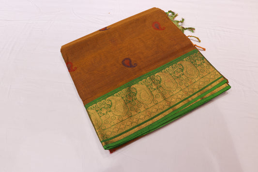 Cotton Saree Mustard With Green - Vaishali Silks