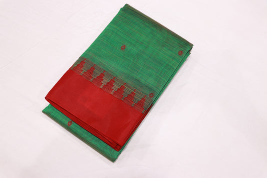 Cotton Saree  Green With Rad Colour - Vaishali Silks