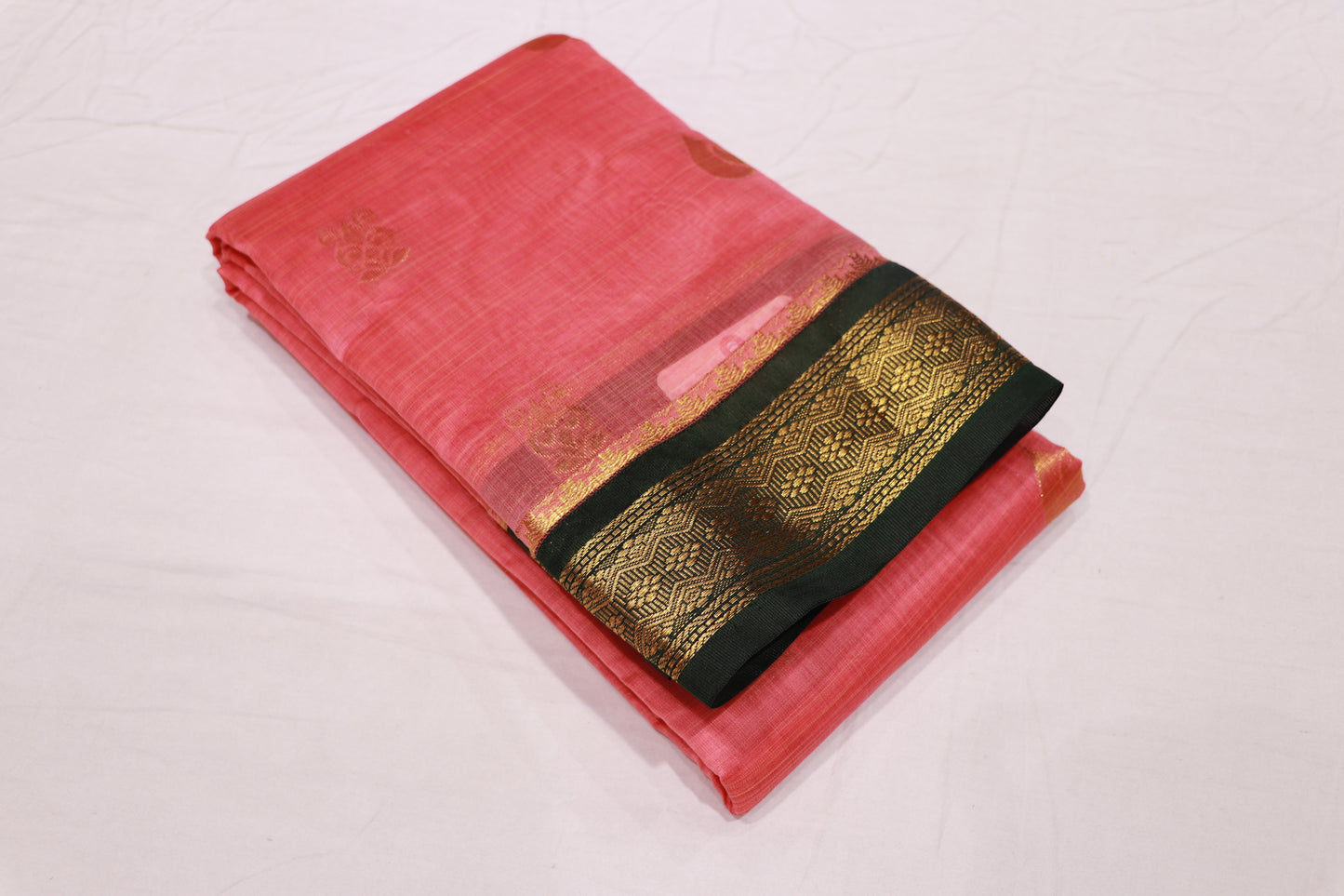 Silk Cotton Peach With Green - Vaishali Silks