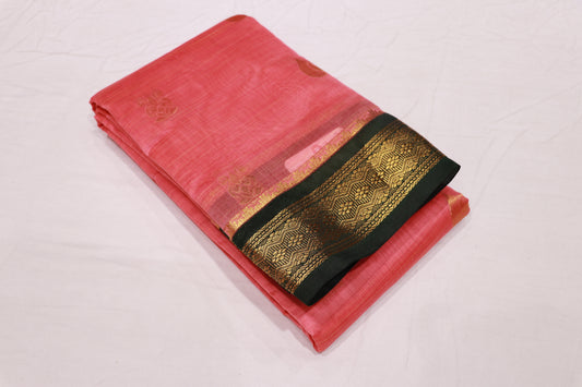 Silk Cotton Peach With Green - Vaishali Silks