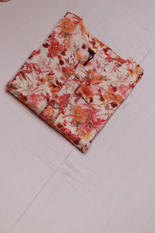Cotton  White with Orange  Kurthi Set