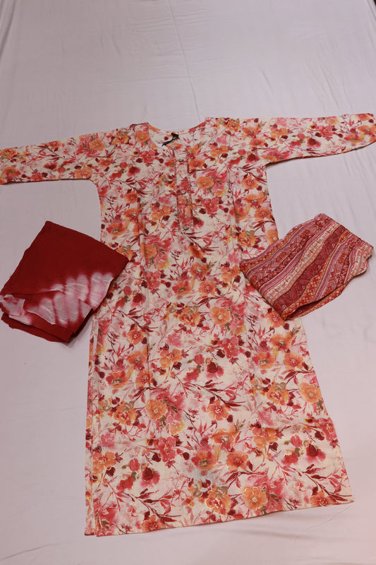 Cotton  White with Orange  Kurthi Set
