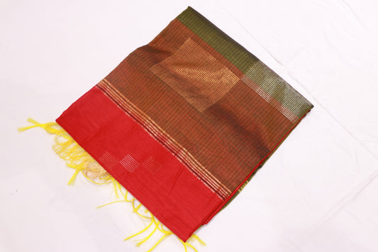 Silk  Cotton  Saree  Red With  Green Colour - Vaishali Silks