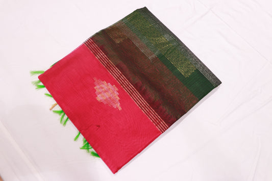 Silk Cotton Saree  Pink With Green Colour