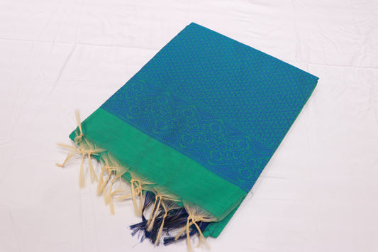 Silk  Cotton  SAree  Green  With Blue Colour