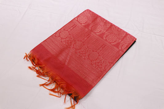 Silk  Cotton Saree  Peach With Green - Vaishali Silks