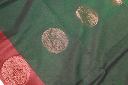 Silk Cotton Saree  Green  With  Brown Colour - Vaishali Silks
