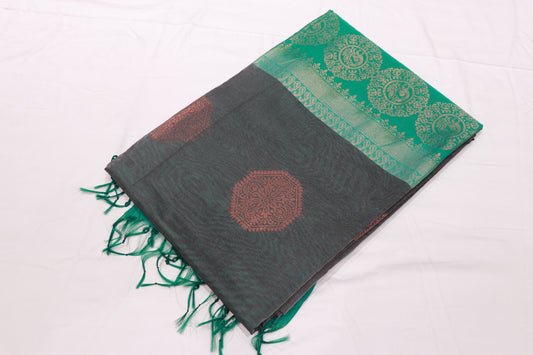Silk Cotton  Saree Grey With Ramar Green - Vaishali Silks
