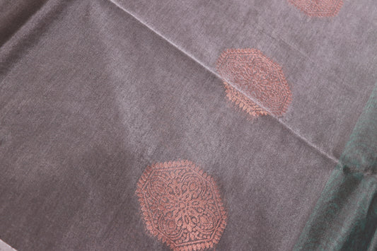 Silk Cotton  Saree Grey With Ramar Green - Vaishali Silks