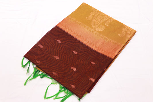 Silk Cotton Saree Brown With Mustard - Vaishali Silks